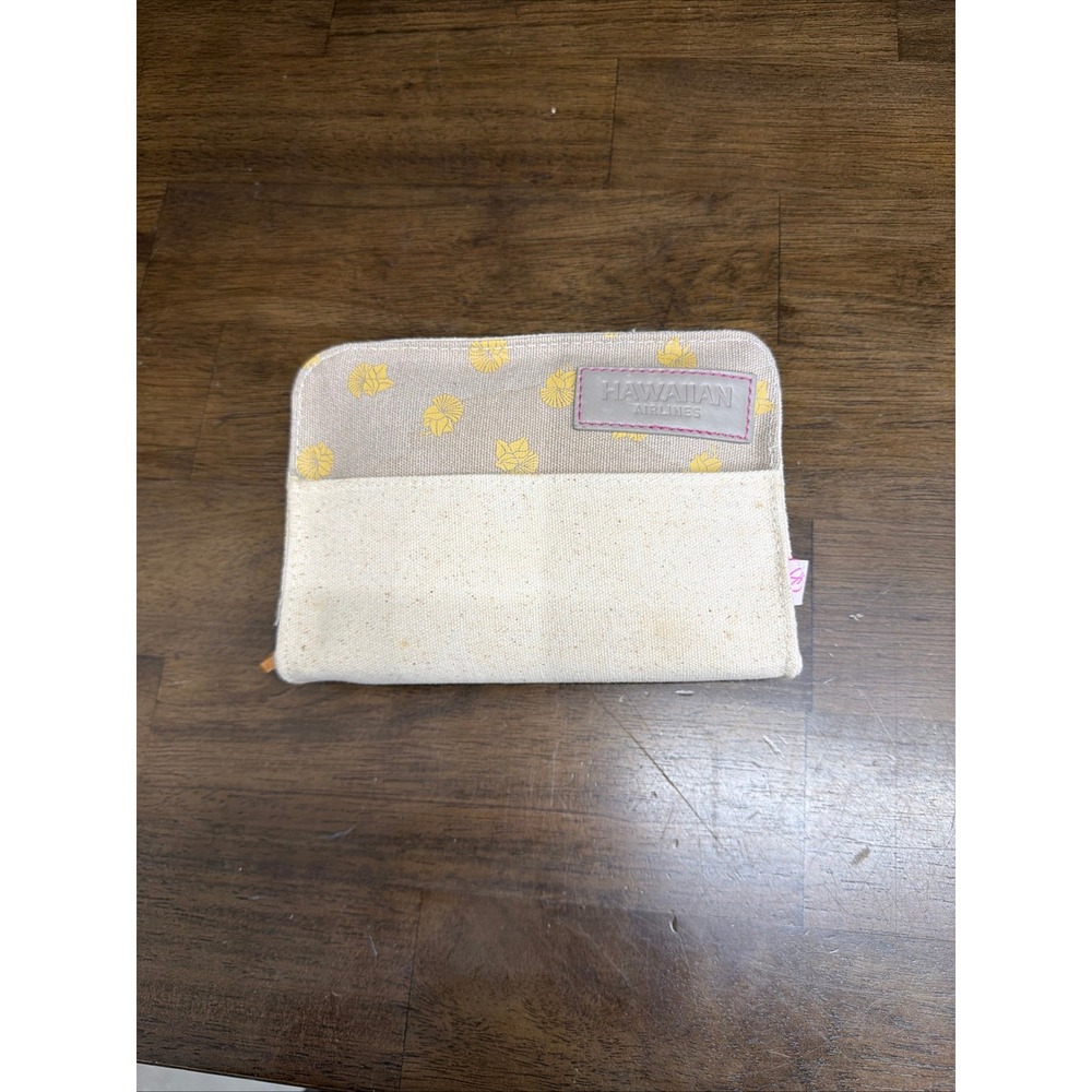 Hawaiian Airlines Sig Zane Amenity Kit Beige Yellow Floral Canvas Travel Pouch
